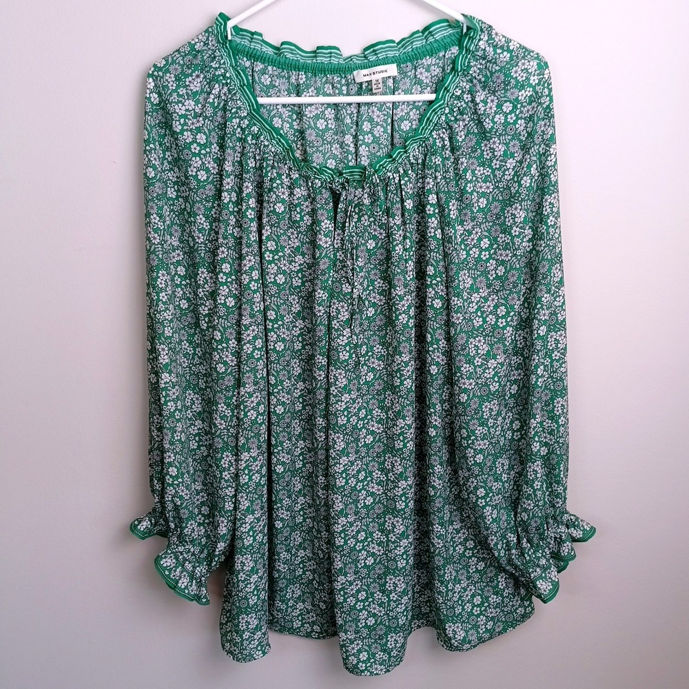 Max Studio Peasant Blouse Womens 1X Green Floral Smocked Tie Neck Boho Top